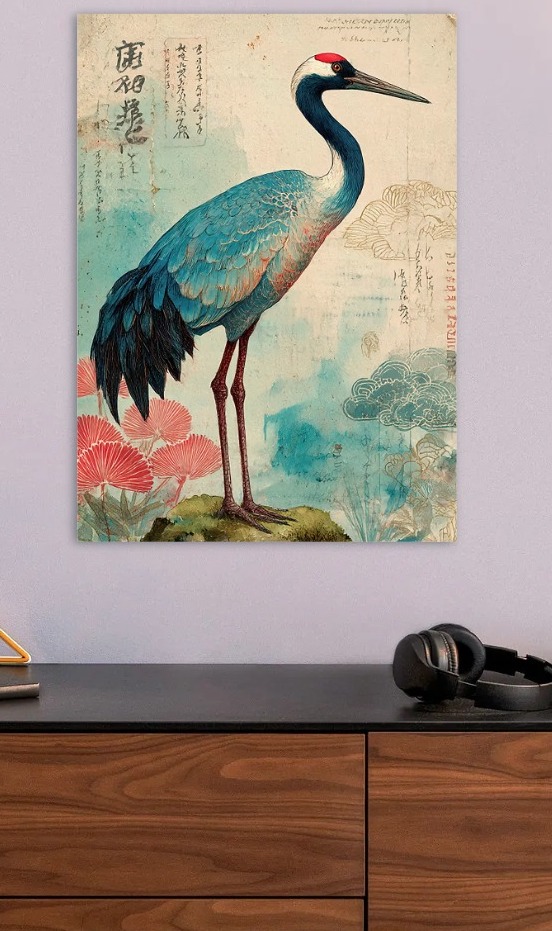 Japanese Crane Art with Calligraphy — metal poster wall art by Lineer